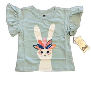 Tea Collection Ruffle Sleeve Rabbit Shirt Blue White Size 9-12 mono